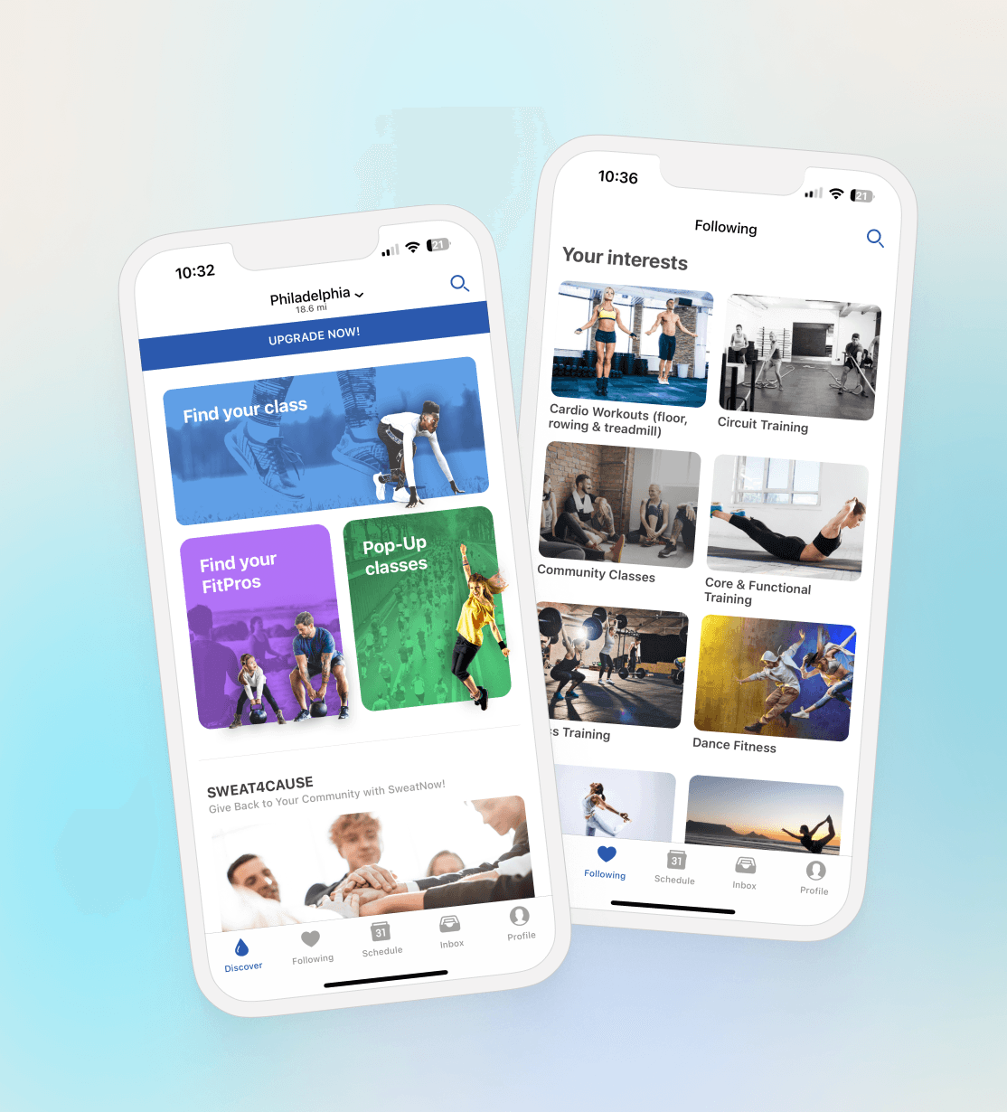 The SweatNow app shown on two phone screens