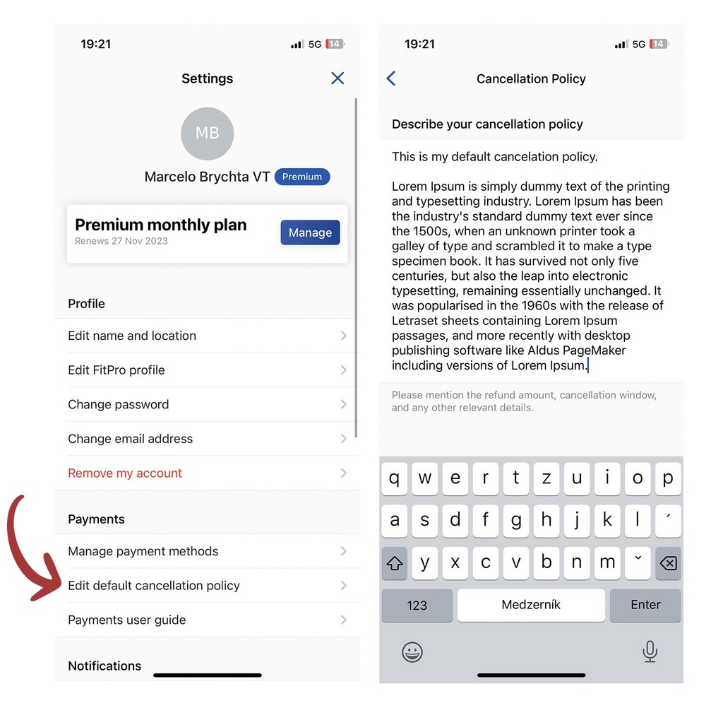 The SweatNow Payments settings menu, and a screen for editing the default cancellation policy text