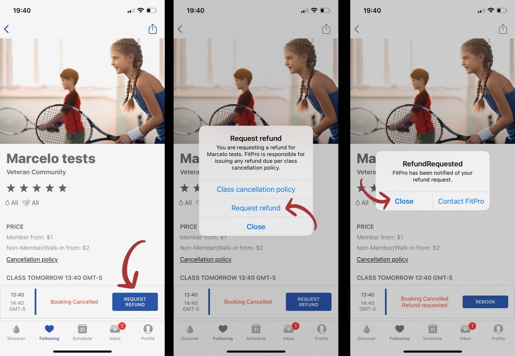Three SweatNow screens showing a standard user requesting a refund after a cancellation