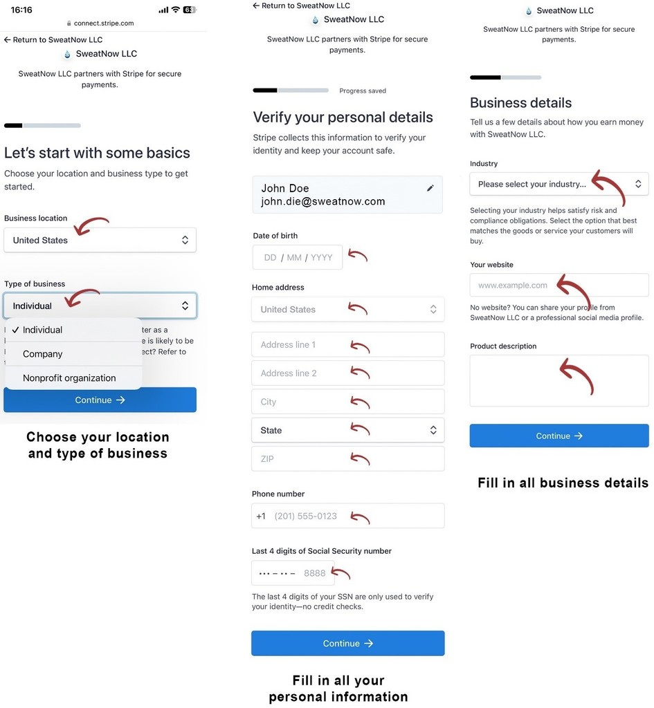 Stripe onboarding screens for choosing a business location and type, then filling in business details