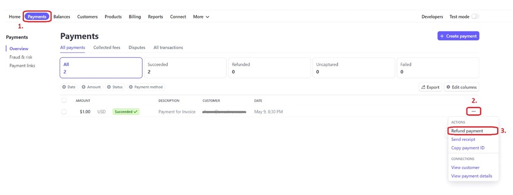 The Stripe dashboard Payments tab, showing the refund payment action in a transaction's menu