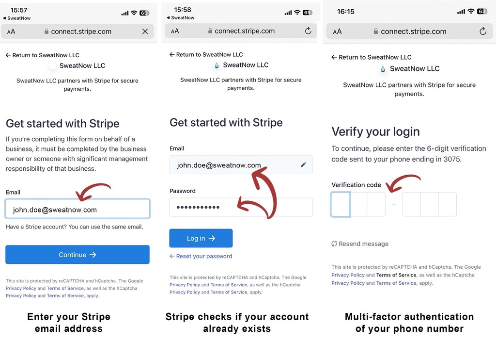Three SweatNow screens showing the Stripe onboarding flow: entering an email, logging in, and verifying a phone number